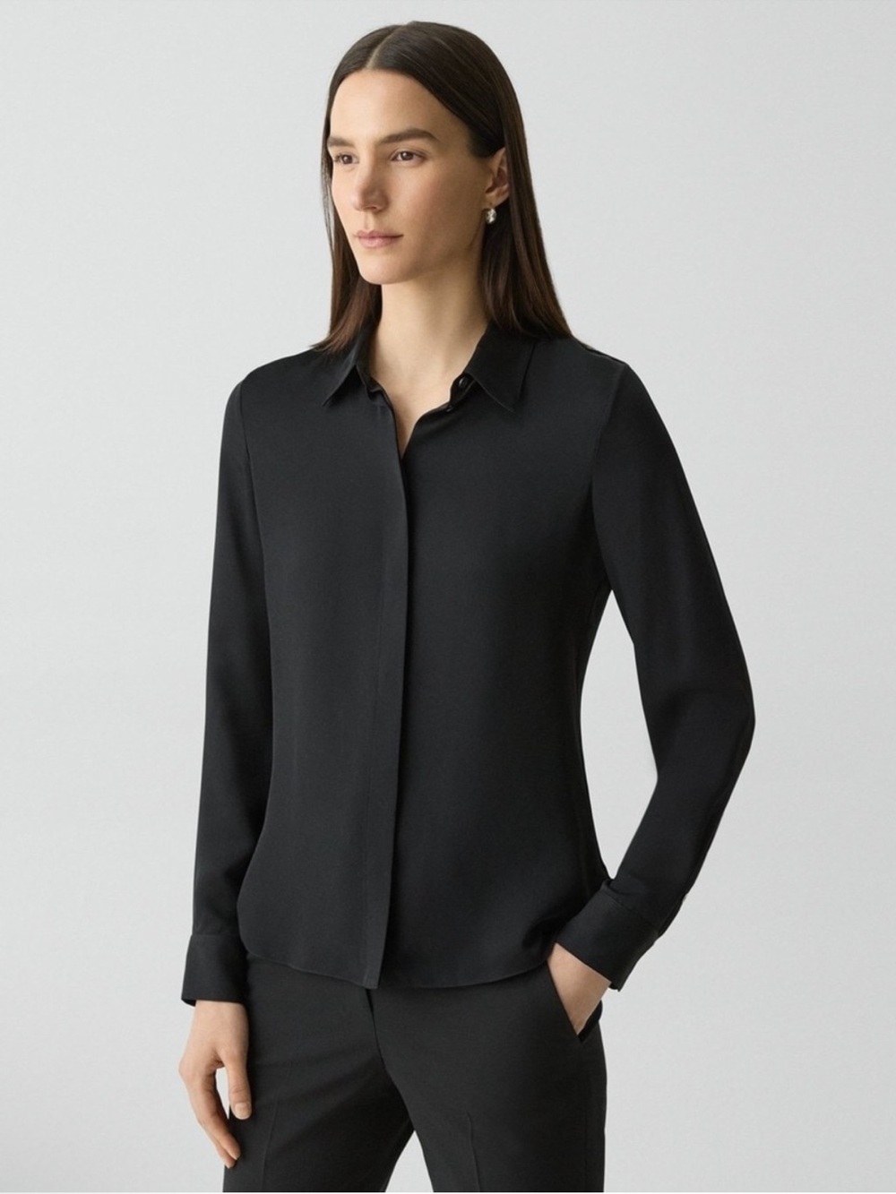 Theory Black Concealed-Placket Silk Button-Down Shirt